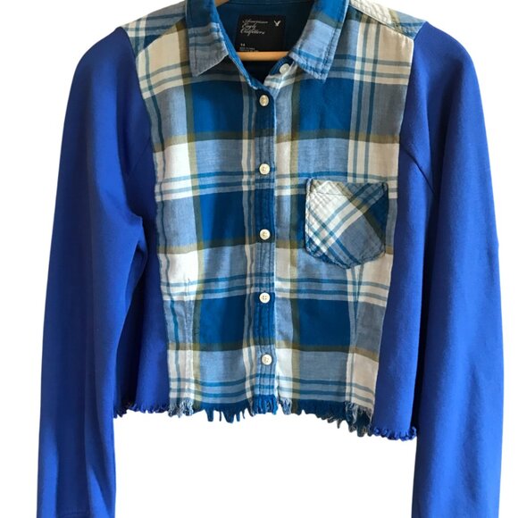 Cropped Plaid Shirt, Size S-M: Blue Sweatshirt Jacket, Upcycled Grunge Style - Picture 6 of 10